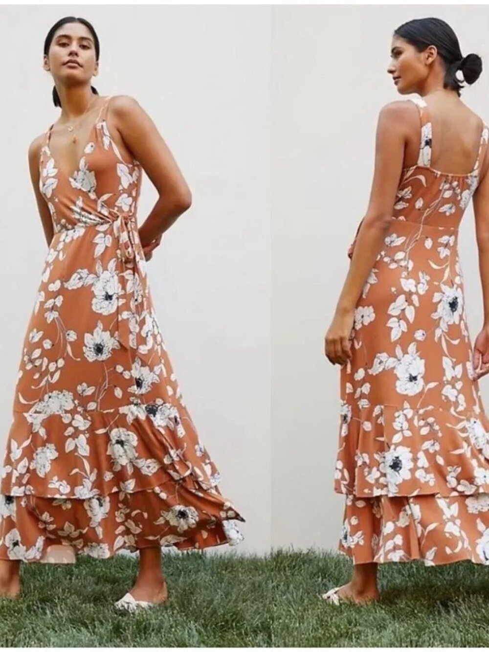 EUC by Anthropologie Small Ruffled Floral Midi Dress Tank Faux Wrap